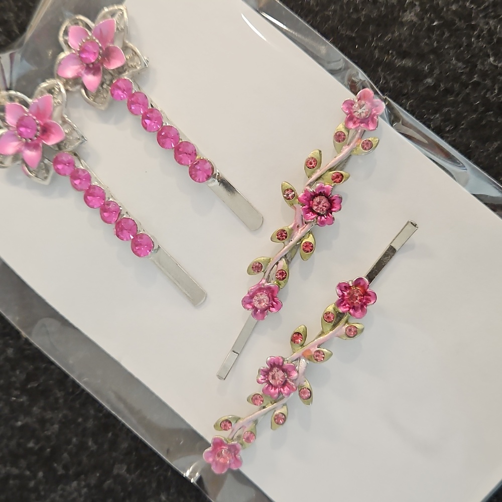 4 Pc. pink floral. Rhinestones hair pins Special Occasion Bun Braid Prom Party - Picture 5 of 5